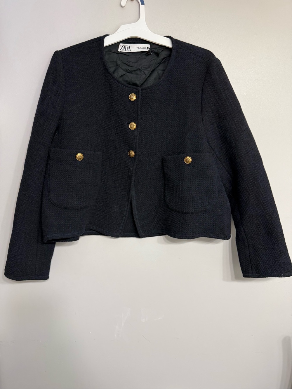 Zara Black Collarless Textured Blazer with Gold Buttons